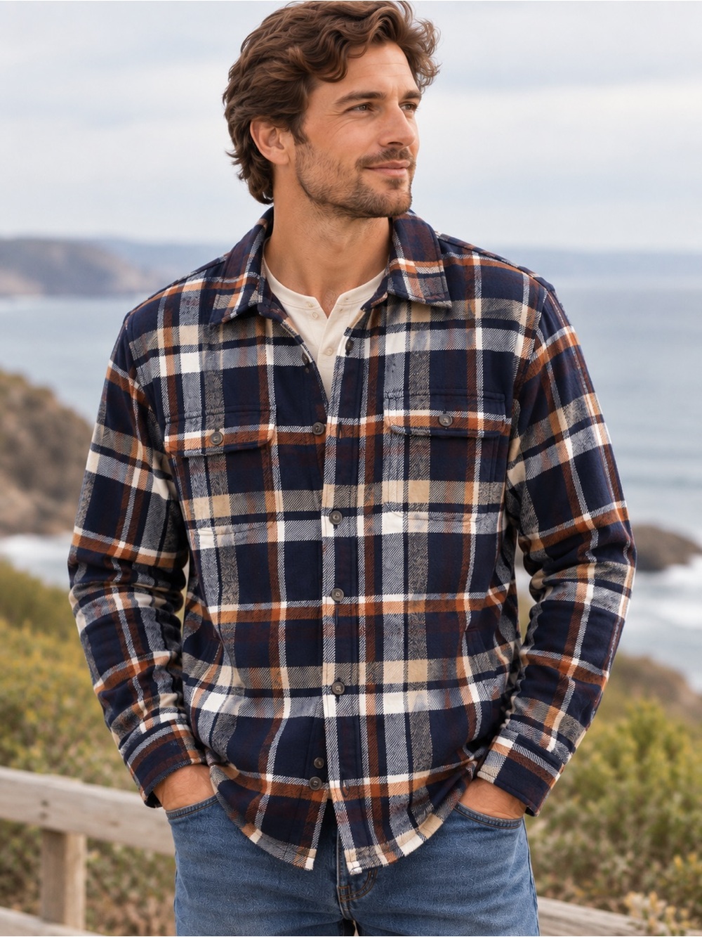 MARINE LAYER Navy Plaid Lined Flannel Shirt Jacket Shacket Medium Fall